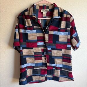 Donkenny Vintage Geometric Color Block Button-Up Blouse